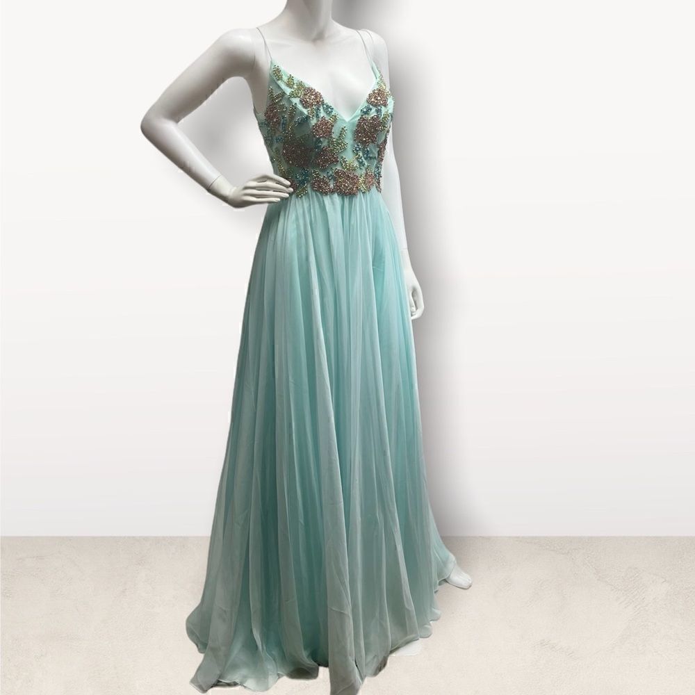 Mac Duggal Light Blue Embellished Tulle Evening Gown Lace Up Back Slit Dress - Picture 4 of 8